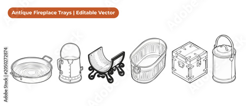 Bilde på lerret Antique fireplace trays vector set featuring vintage metal buckets, coal scuttle, log holder, wood box, and tin tub line art for rustic home hearth design elements isolated on a white background pack