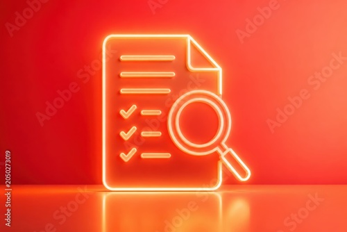 Neon document search icon with checklist and magnifying glass on red background