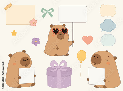 Funny Cartoon Character Collection. Cute Positive Animal.  Happy Birthday Greeting Card Element Set. Kid Party Invitation Decorative Kawaii Mascot Nursery Art. Baby T-Shirt Print Design