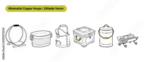 Obraz na plátně Fireplace accessories vector icons set featuring copper hoop log holder, coal sc