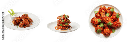 Spicy Buffalo Chicken Wings on Plate Collection Isolated PNG Clipart, Glazed BBQ Chicken Drumettes with Celery and Ranch Dip, Crispy Appetizer Food Graphic Elements for Restaurant Menu Design Transpar