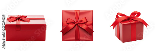 Red Gift Boxes Set with Satin Ribbon Bow, Top View Side and Perspective Angles Present Box Mockup, Christmas Valentine Birthday Celebration Surprise Package, High-Quality Stock PNG Isolated on Transpa