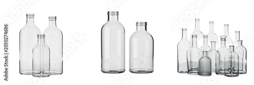 Empty Glass Bottles Set, Clear Transparent Wine and Liquor Bottle Mockups, Assorted Sizes of Glassware Containers for Packaging Layouts, High-Quality Stock PNG Isolated on Transparent Background for P