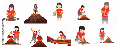 Quadro su tela Flat illustration set of a young girl conducting a DIY science experiment with a model volcano, depicting STEM learning and educational activities for children