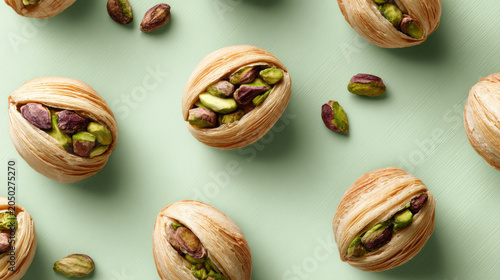 Pistachio pastries with crunchy kataifi texture filling a vibrant green background, creating a delicious pattern showcasing sweet Middle Eastern food and traditional dessert ingredients