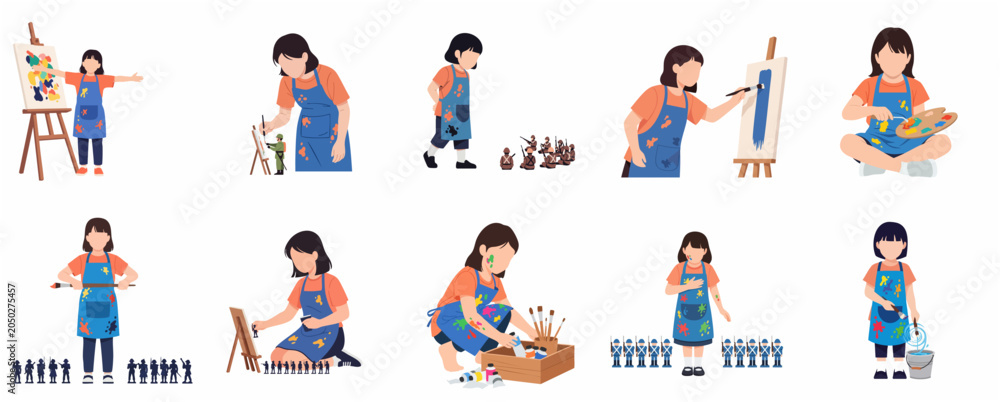 Fototapeta premium Little girl artist character set engaged in creative painting activities and playing with toy soldier miniatures.