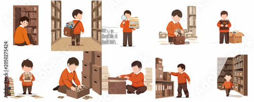 Bild auf Leinwand Set of Vector Illustrations of a Young Boy Exploring Archives, Sorting Old Photo