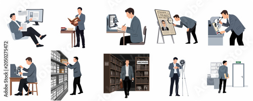 Fotografía Set of vector illustrations of a professional man conducting historical research, archival investigations, and exploring library records for genealogy or journalism