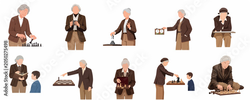 Foto Vector Illustration Set of a Senior Woman Chess Player and Mentor, Showing Various Poses of Grandma Playing, Teaching a Child, and Strategizing, Isolated on White Background