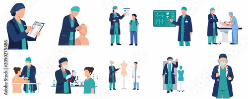 Collection of medical professionals and doctors in various healthcare scenarios flat vector illustration