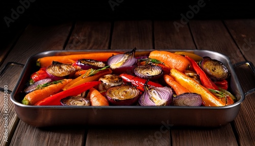 a tray of roasted vegetables including carrots peppers and red onions on wood