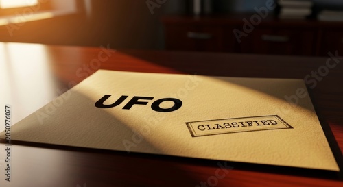 Classified UFO document on a wooden desk with dramatic golden hour lighting, invoking mystery and secrets.
