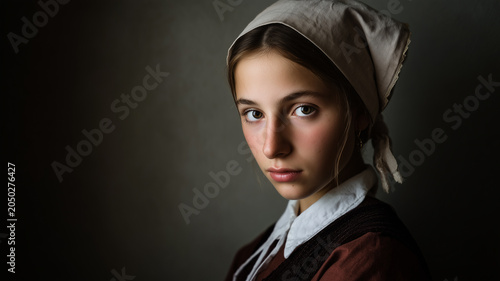 RITRATTO ARTISTICO DI GIOVANE DONNA IN STILE DIPINTO CLASSICO, ATMOSFERA VINTAGE E INTENSITÀ ESPRESSIVA 
