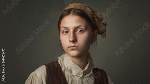 RITRATTO ARTISTICO DI GIOVANE DONNA IN STILE DIPINTO CLASSICO, ATMOSFERA VINTAGE E INTENSITÀ ESPRESSIVA 