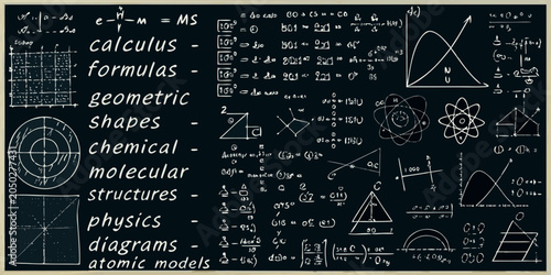 Chalkboard with scientific formulas geometric shapes and atomic models