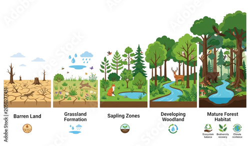Cuadro en lienzo Forest Ecosystem Restoration Cycle Showing Natural Recovery Biodiversity Renewal