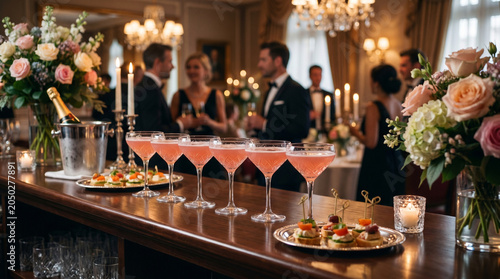 Row of elegant pink cocktails, appetizers, and floral decor on a restaurant bar. Elegantly dressed guests mingle in the blurred background at a festive celebration event.