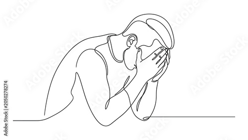 Photos Continuous one line drawing of a sad man covering his face.