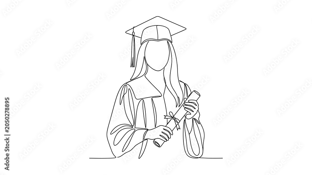 Obraz premium Continuous line drawing of a female graduate student wearing an academic cap and holding a diploma.