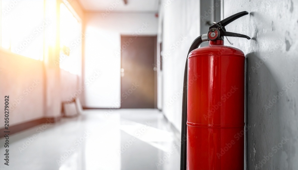 Fototapeta premium Red Fire Extinguisher Mounted on Office Wall for Safety and Emergency Preparedness in a Modern Corridor