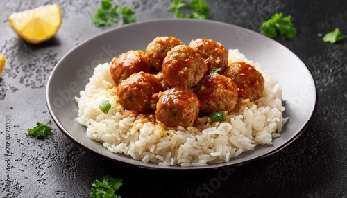 spicy honey garlic chicken meatballs over rice