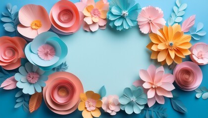 minimalist composition with colorful pastel paper flowers and central empty space