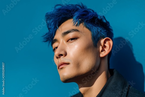 Portrait of young man with blue hair