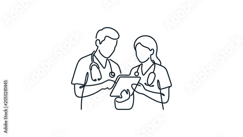 Canvastavla Continuous line drawing of two medical professionals reviewing patient charts