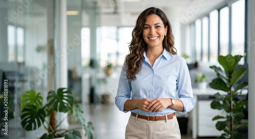 Portrait of a confident smiling businesswoman standing in a bright modern corporate office with indoor plants