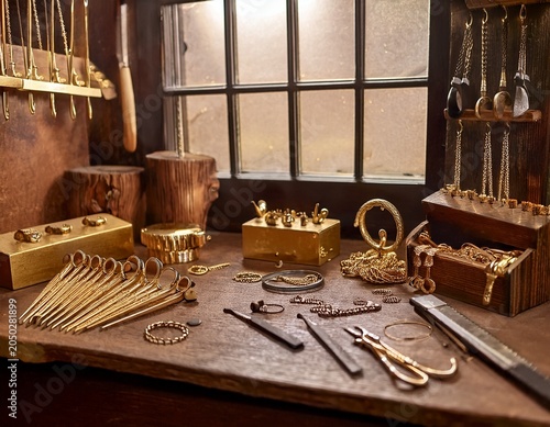 various goldsmith tools on a jewelry workplace