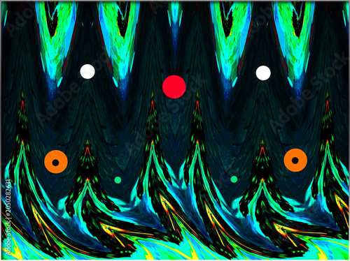 The image features an abstract design with vibrant geometric shapes and patterns. Blue and green hues dominate, with bright circles enhancing the visual complexity.