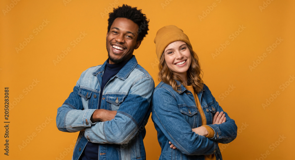 Fototapeta premium Cheerful diverse young couple standing back to back in matching denim jackets with crossed arms against vibrant yellow background