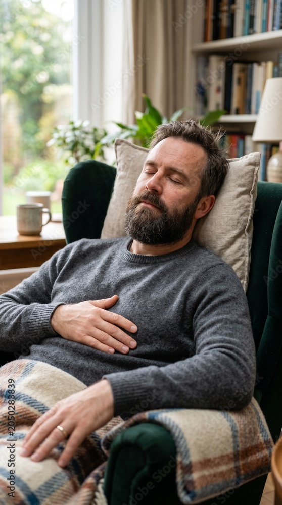 Fototapeta premium Relaxed man napping in cozy armchair at home surrounded by books 
