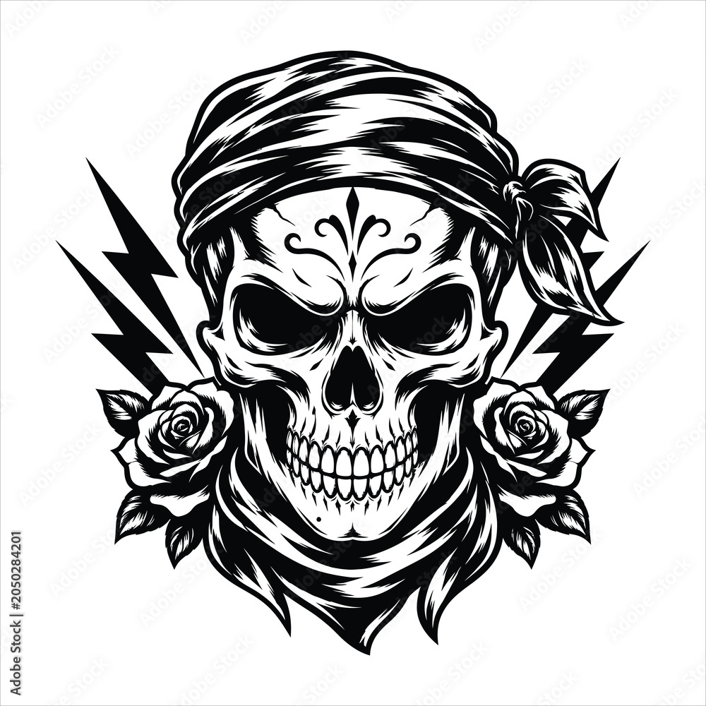 Fototapeta premium Bandana Skull With Roses and Lightning Bolts Vintage Tattoo Style Vector Illustration