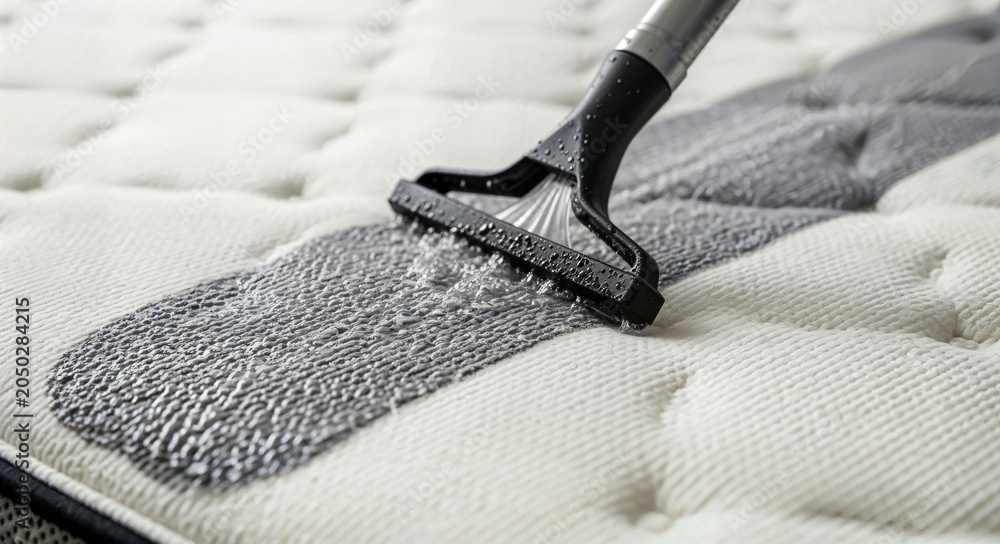 Fototapeta premium Mattress cleaning process with vacuum tool on fabric surface 