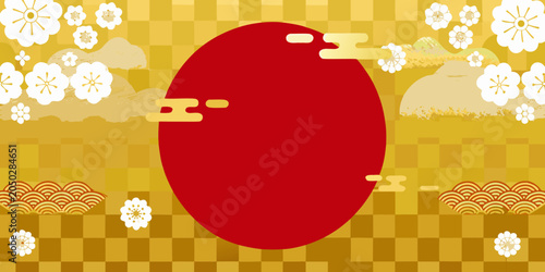 Fotografi Red circular sun design with clouds japanese style vector illustration