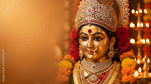 Golden goddess idol adorned with rose flower crown and ornate necklace with diya background