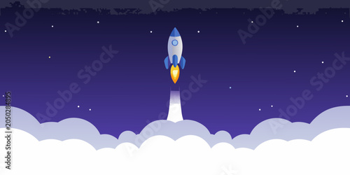 Quadro su tela Rocket Launch With Smoke Trail A Flat Vector Illustration Against A Dark Backgro