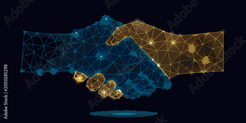 Bild auf Leinwand Handshake Illustration With Geometric Network And Glowing Points