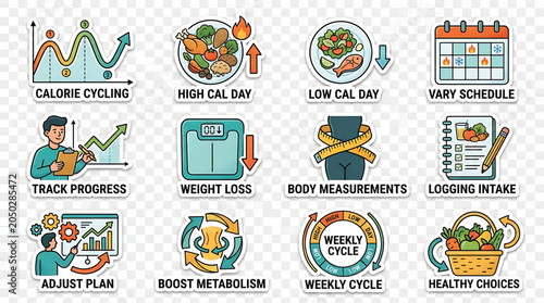 Vector sticker icons for calorie cycling, weight loss tracking, and healthy meal planning