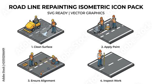 Workers repaint road lines on asphalt surface with equipment and tools