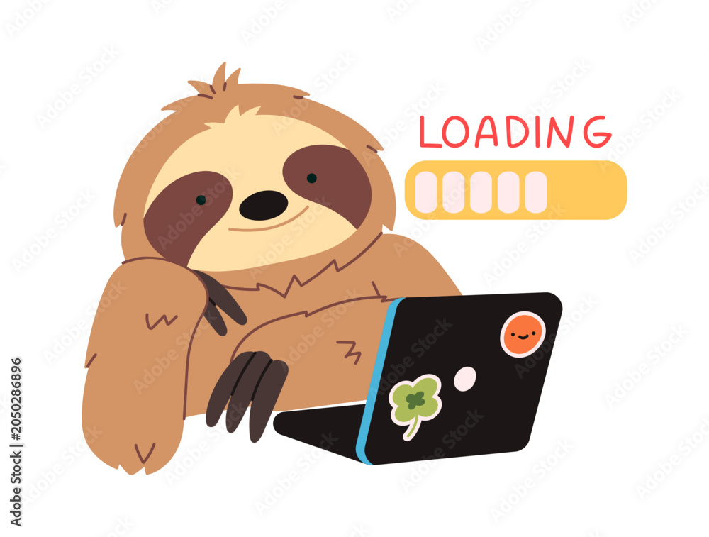 Fototapeta premium Sloth Freelancing With Laptop Cartoon Style
