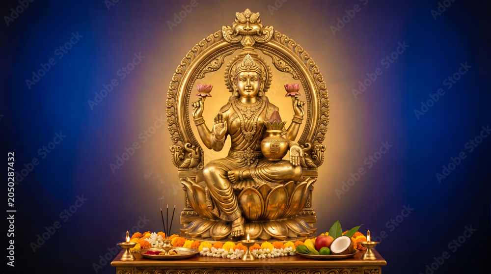 Obraz premium Golden Lakshmi idol in circular arch with puja offering on blue glowing background