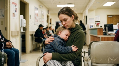 Mother holding baby in waiting room.