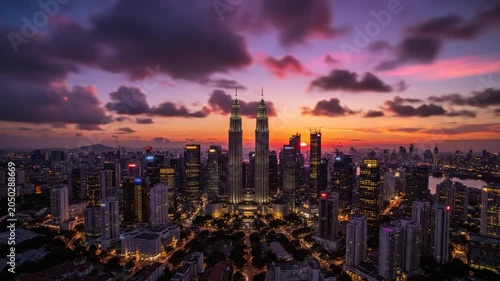 Epic Time-lapse of Sunset Over Kuala Lumpur City Skyline Featuring Petronas Twin Towers