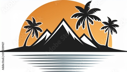 tropical island with mountains and palm tree silhouette logo design