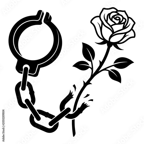Foto Single elegant rose flower attached to broken iron chain shackle design