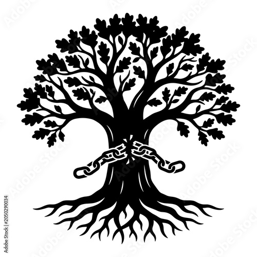 Картината върху платно Oak tree with roots and broken chains icon.