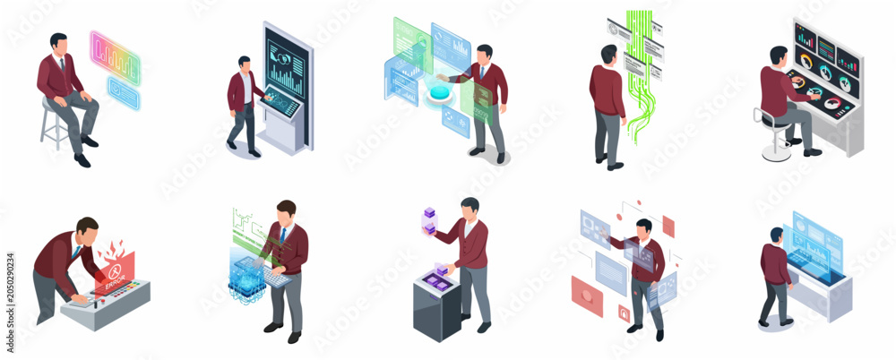 Fototapeta premium Isometric set of a professional man interacting with futuristic technology interfaces, holographic data displays, and control panels for digital innovation.