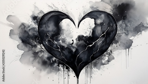 black watercolor ink broken heart smoke flow blot on white background texture marble generative ai